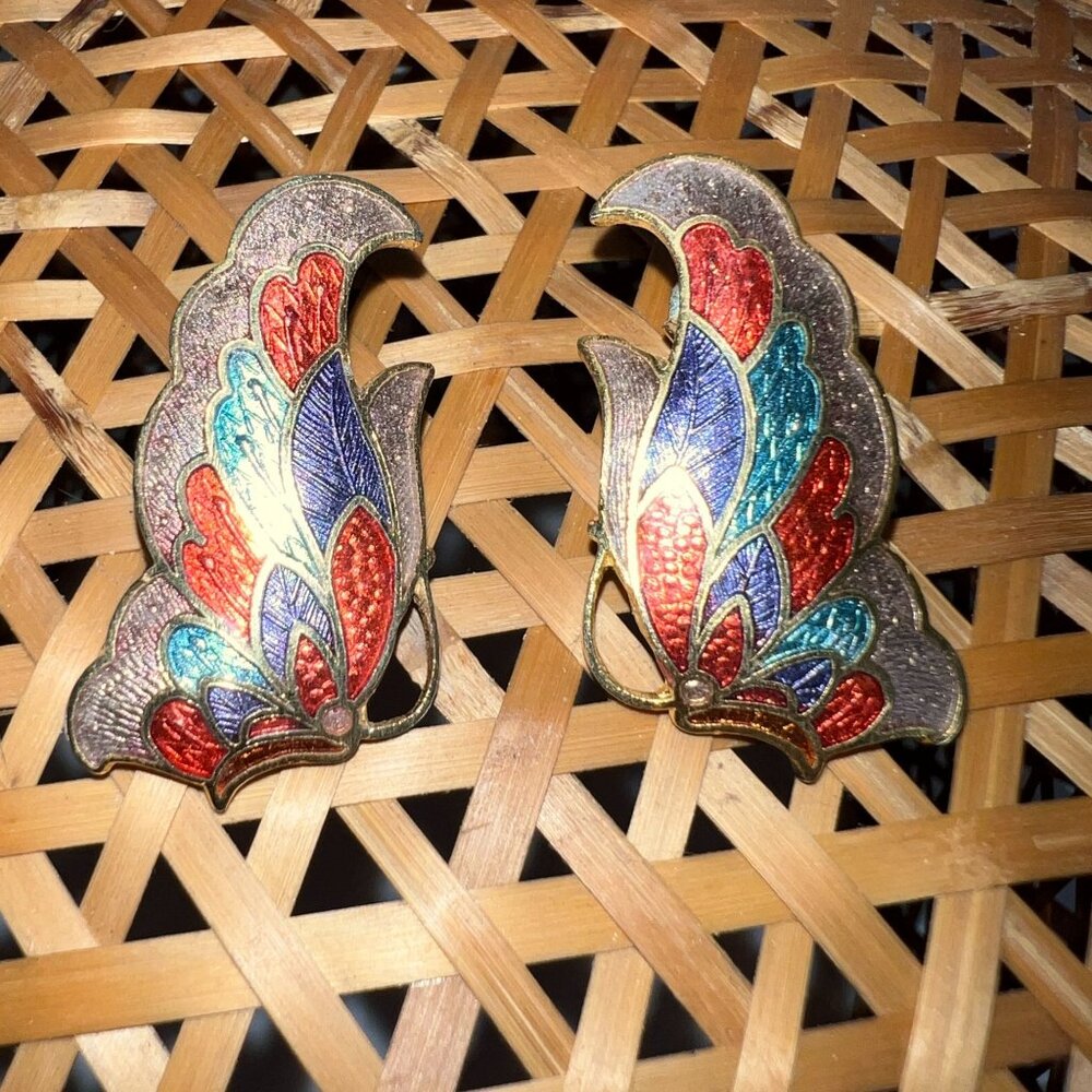 Vintage Butterfly Wing Clip-On Earrings Gold-Tone Red Blue Green Enamel Design R
